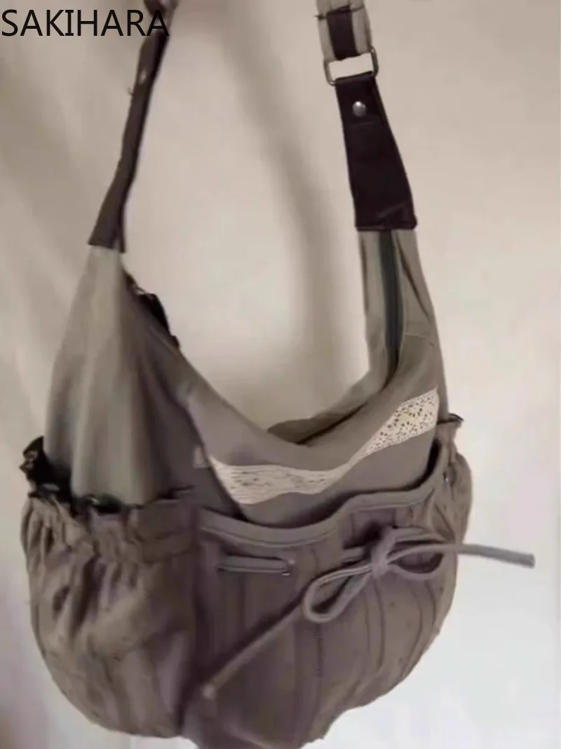 Szare torby Crossbody w stylu baletowym kokardka sznurkiem torba na ramię o dużej pojemności na co dzień na wszystkie mecze modna torba pod pachami