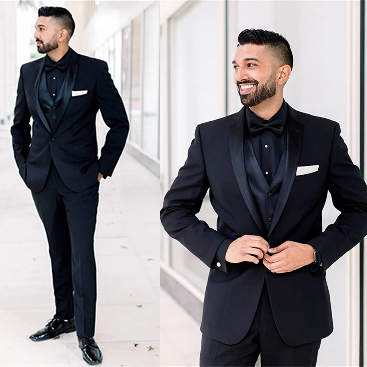 Luxus Bräutigam Hochzeit Smoking gekerbt Revers Anzüge Slim Fit Männer schwarzen Mantel Abend party 3 Stück Blazer Hosen Weste nach Maß