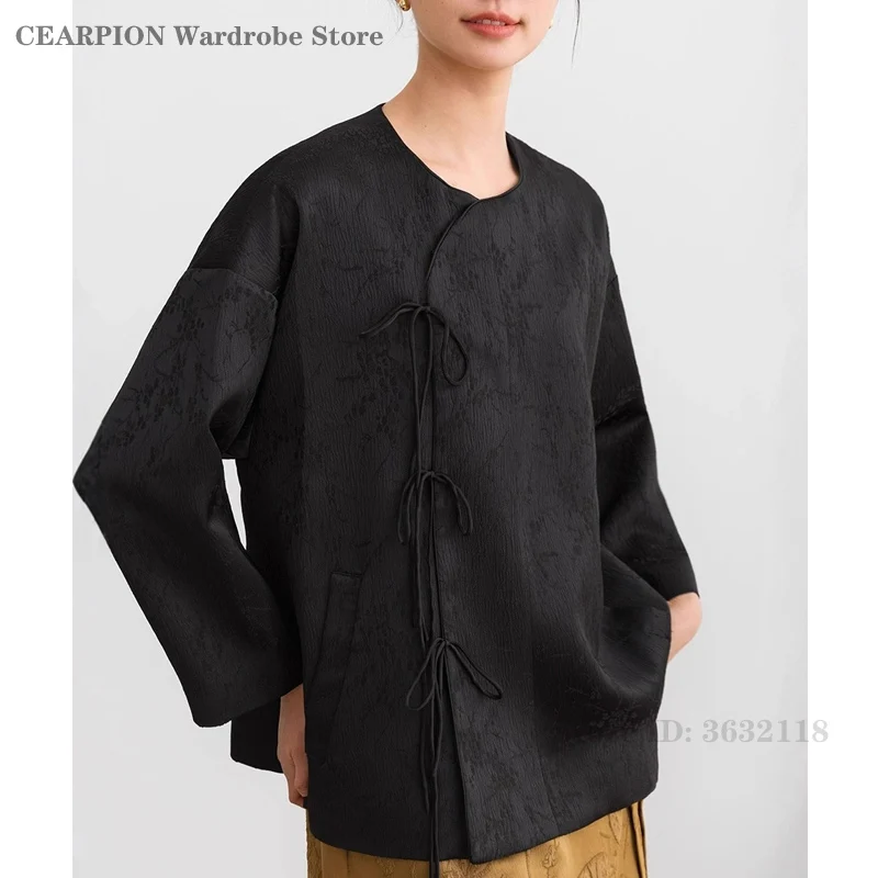 

Fashion Chinese Style Jacquard Shirt Jacket Women's Round Neck Long Sleeve Top Vintage Lace-Up Blouse Loose Casual Oriental Coat