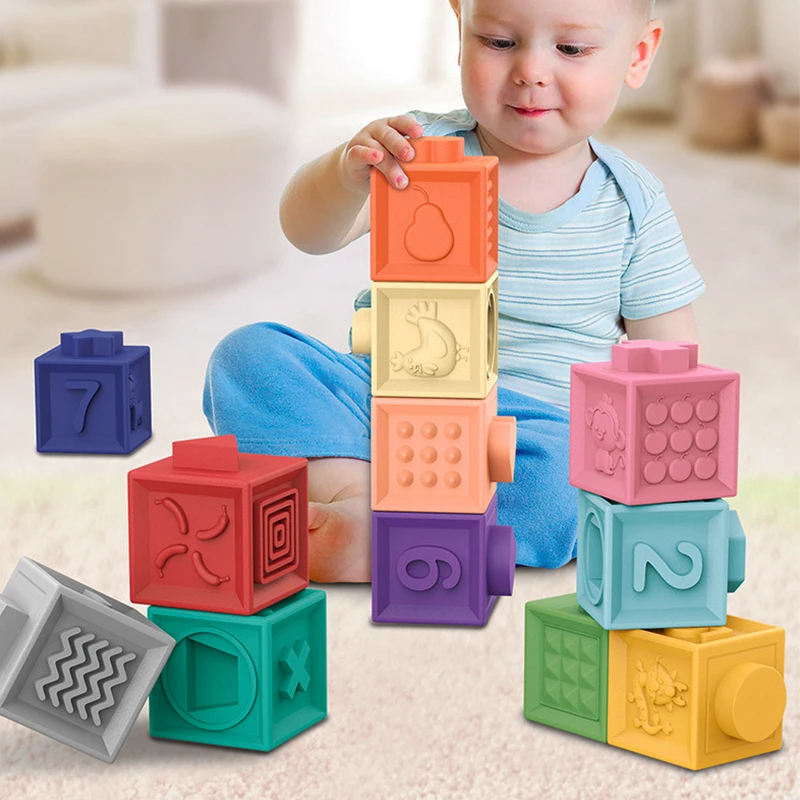 아기 부드러운 고무 큐브 퍼즐 몬테소리 유아 터치 조기 교육 스퀴즈 스태커 릴리프 선물 어린이 어린이 목욕 장난감