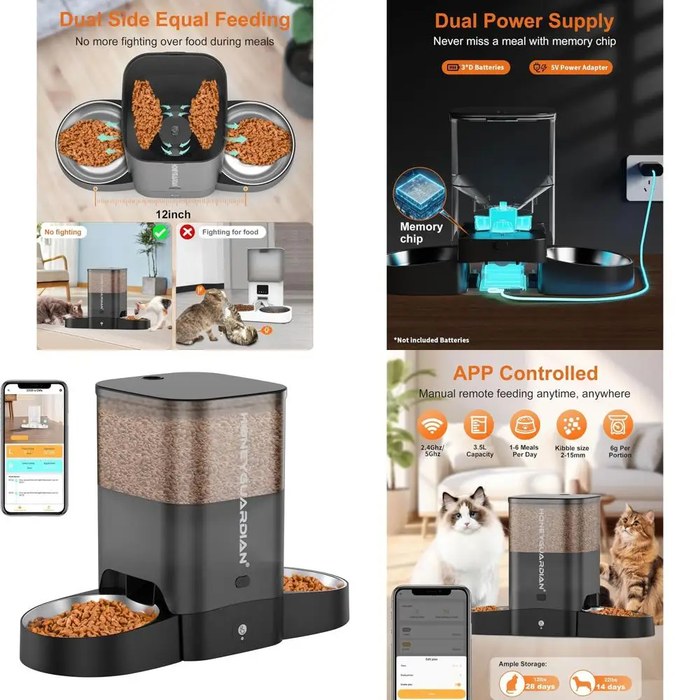 

Dual Cat 5G WiFi Smart Feeder with Stainless Steel Bowls, App-Controlled Dispenser, Dual Power, Desiccant Bag, 10 Meal Call Opti