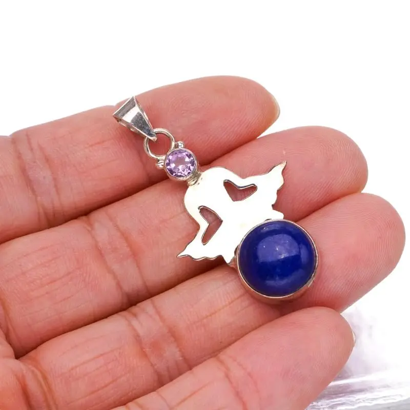 StarGems Natural Lapis Lazuli&Ballet Girl And Amethyst Handmade 925 Sterling Silver Pendant 2