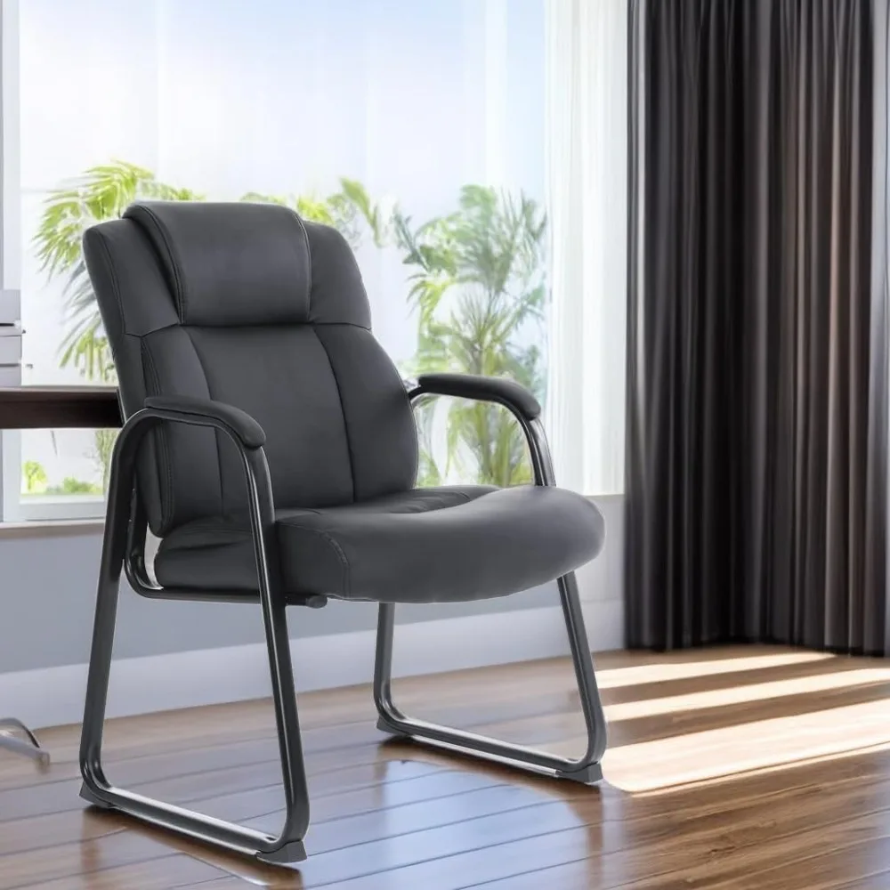 Silla de oficina grande y alta, sillón de recepción de cuero, reposabrazos acolchado unido, asiento ancho, Base de trineo, silla de escritorio sin ruedas, 4, negro, 400 libras