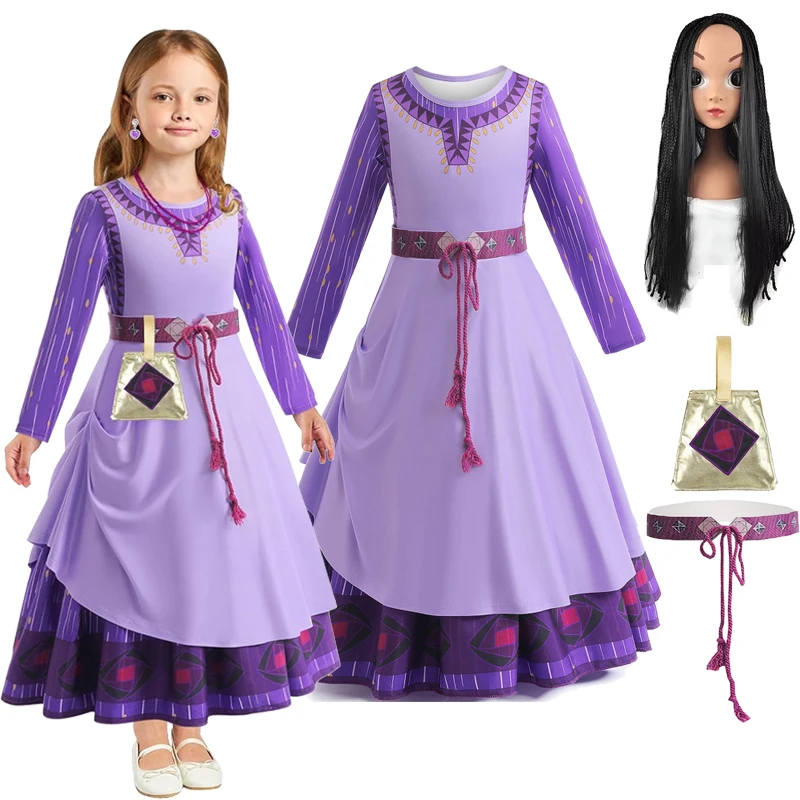 

Новинка 2023, платье принцессы с длинным рукавом, с рисунком звезд и желаний, Asha костюм для ролевых игр Girl, фиолетовое платье для Хэллоуина