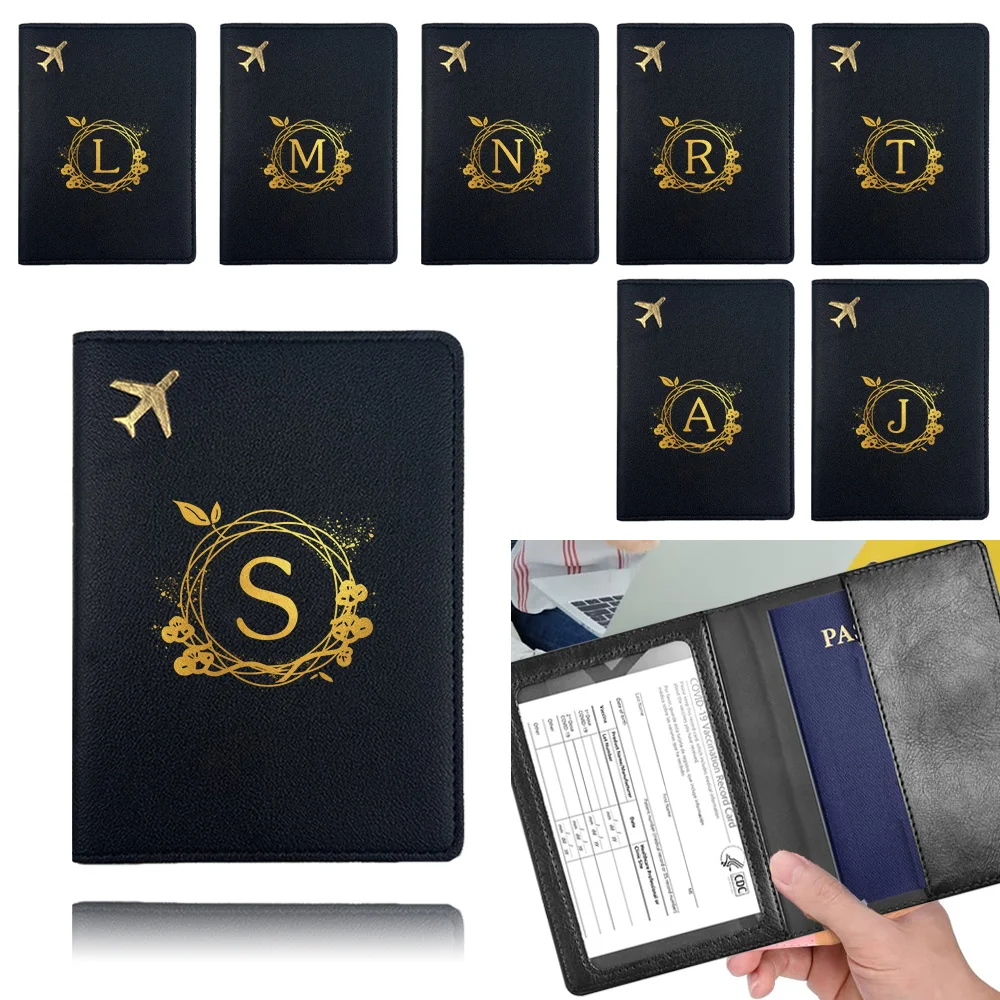 Pu Passport Cover Airplane Travel Passport Case Pocket Business Passport Clip Bank Card Organizer Cover Wreath Letter Pattern
