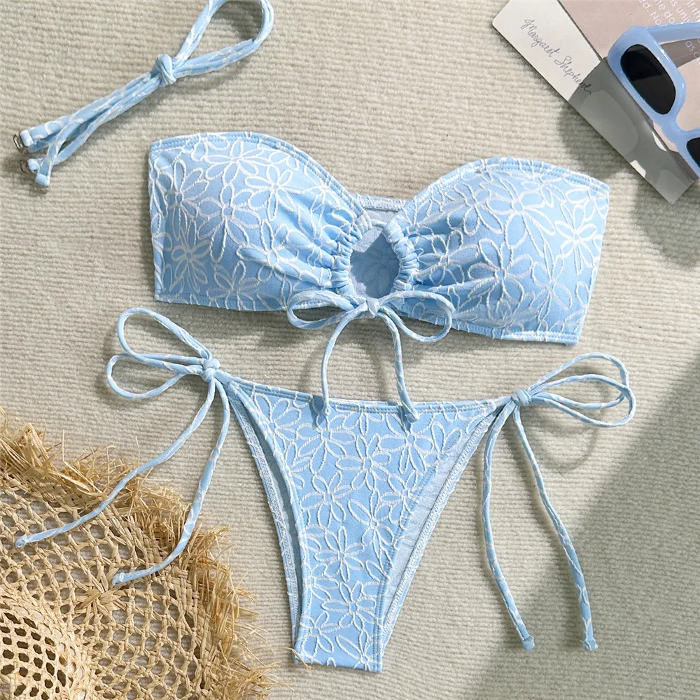 

Light Blue Flower Emboss Bandeau Bikinis Sets De Mujer Lace-up Hollow Out Sexy Swimsuit Women Holiday Swimwears Bikini 2025