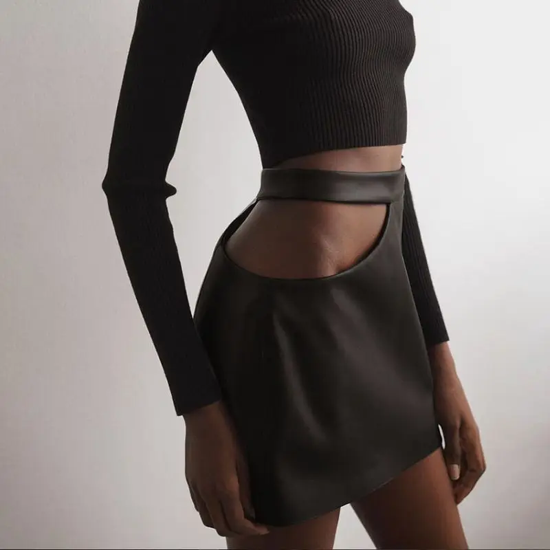 DSMTRC Women Leather Skirt High Quality Cut Out A-line Mini Skirts Black Streetwear PU Solid Color Natural Waist Party Clubwear