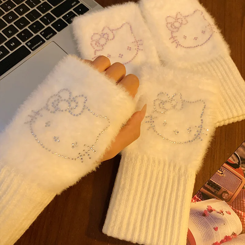 Hello Kitty Sanrio Kt Cat Cute Cartoon Rhinestone Glove Kawaii Half Finger Gloves Lovely Periphery Keep Warm Accessories Gifts