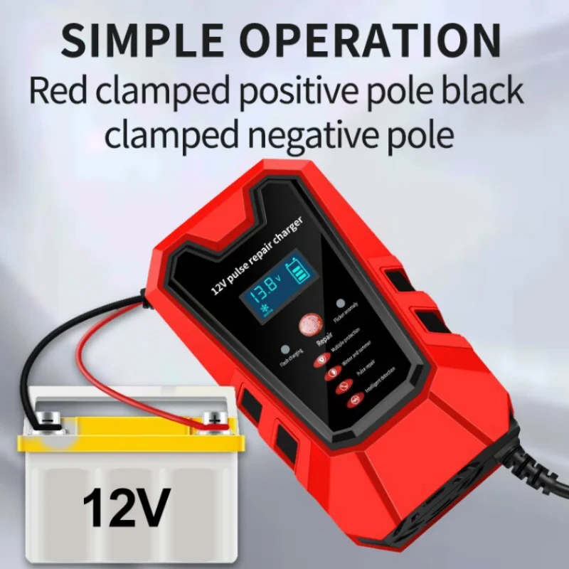 12V Pulse Repair 6A Fast Charge For Car Motorcycle 4AH-100AH Lead-acid Car Battery Charger LCD Display Battery Tester