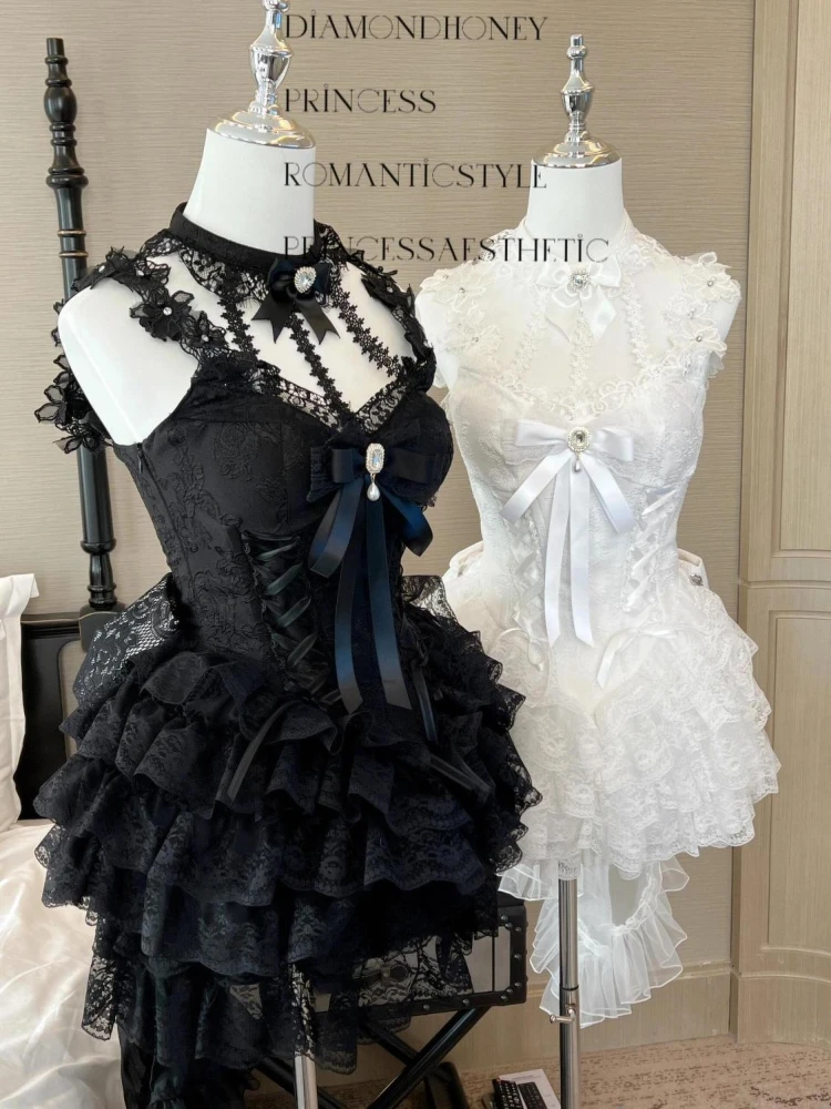 Robe Lolita japonaise Kawaii pour femmes, Mini robe en dentelle avec nœud, col licou, Harajuku, mignonne, Vintage, tenue de soirée, Design Sense, Y2k