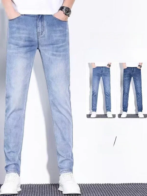 Jeans da uomo elastici estivi in seta di ghiaccio gamba dritta ampia sottile casual versatile pantaloni lunghi ultrasottili tendenza giovanile resistente all'usura