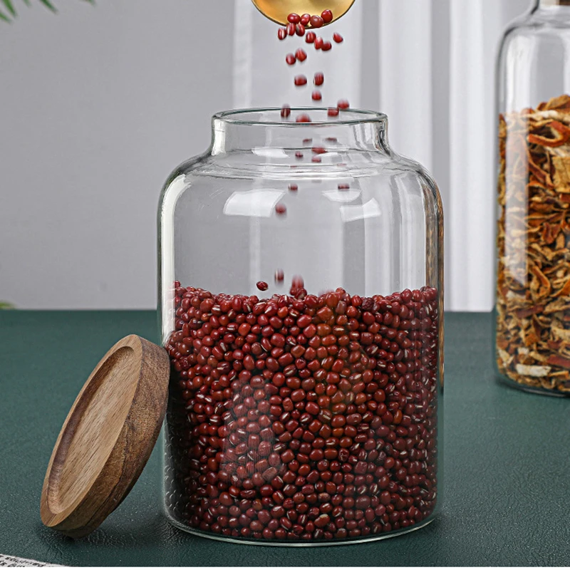 Kitchen Food Grade Sealed Glass Jar, Large Size Glass Pot, Coffee Powder Seasoning Storage Jar, Acacia Wood Glass Bottle