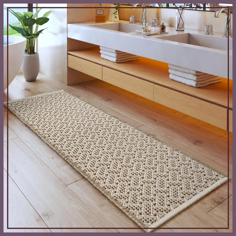 

Waffle Bath Mat, Boho Runner Rug, Extra Soft Absorbent Non Slip Washable Bathroom Mat, Rubber Backed, 24x72