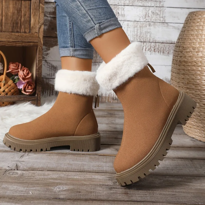 

Зимние женские зимние ботинки, меховая замшевая обувь на платформе, нескользящие теплые плюшевые ботильоны, женская уличная пушистая повседневная обувь на молнии