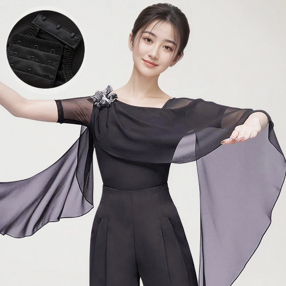 斜めネックラテンダンストップシンプルなステッチボール新しいエレガントな長袖トップ女性のメッシュブラックエレガントなジャンプスーツ