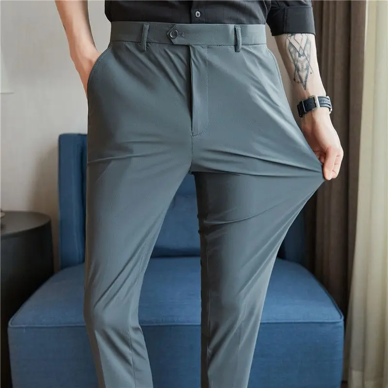 Fashion Men Slim Fit Dark Gray Smart Casual Suit Pants Spring Summer New Ice Silk High Elasticity Business Cropped Trousers 2024