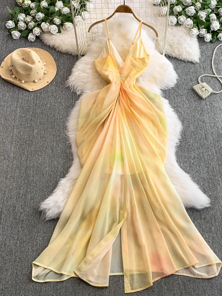 เดรสยาวทรงวี ผ้าเนื้อนุ่ม สไตล์เกาหลี เอวสูง ช่วยพรางหุ่น เหมาะสำหรับวันหยุดพักผ่อน รุ่นฤดูร้อน