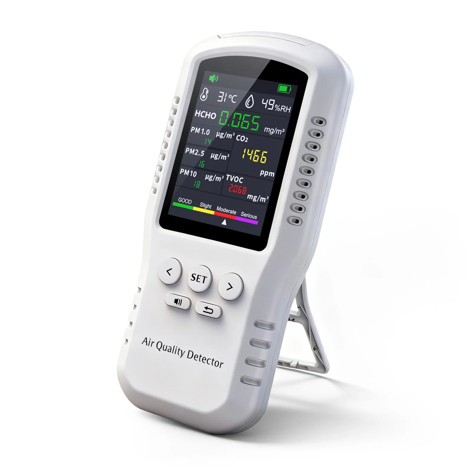 Air Quality Monitor 6‑in‑1 Detector HCHO TVOC CO2 PM2.5 PM10 PM1.0 Tester LCD Color Screen Voice Alarm Indoor Home Car Air Quality Detector