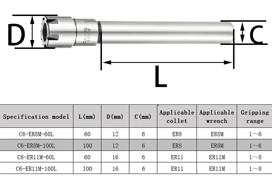 C6 C8 C10 C12 C16 C20 C25 C32 ER11 ER16 ER20 ER25/32 ER Collet Chuck Holder CNC Milling Lengthen Tool Carrier Extension Rod