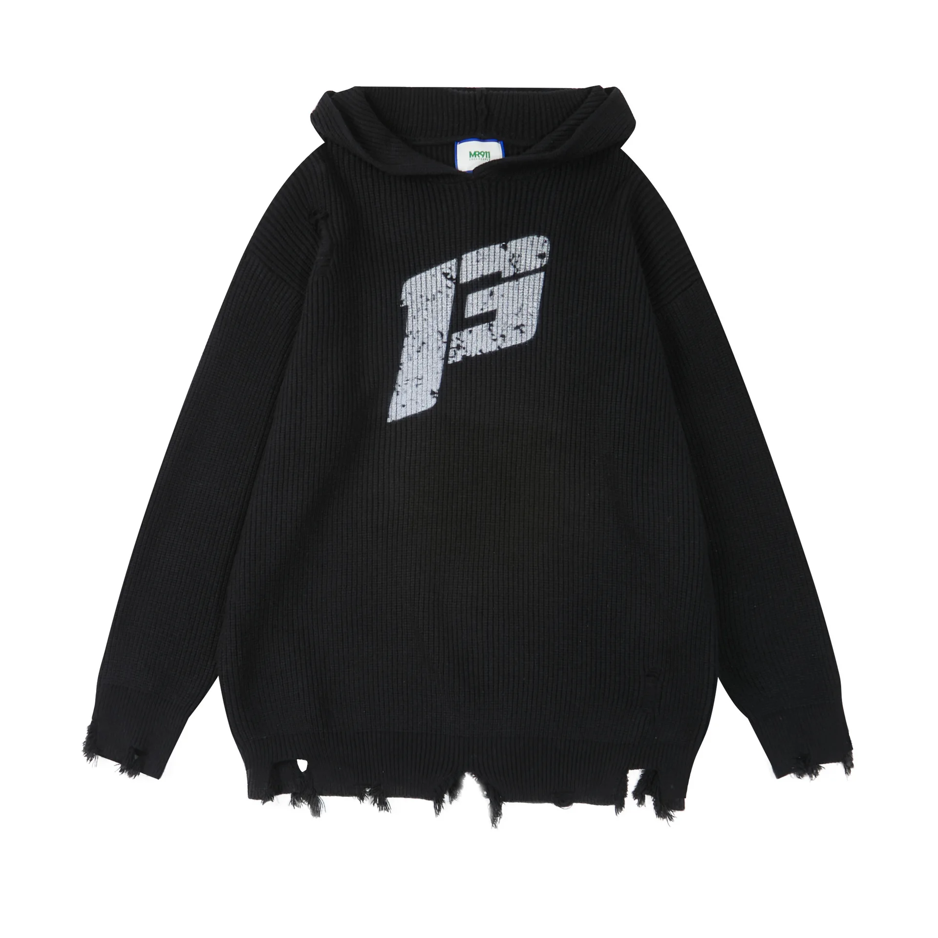 

Мужской осенне-зимний рваный свитер с капюшоном, уличная одежда, вязаный джемпер, свободный крой, пуловер в стиле Y2K, трикотажные топы