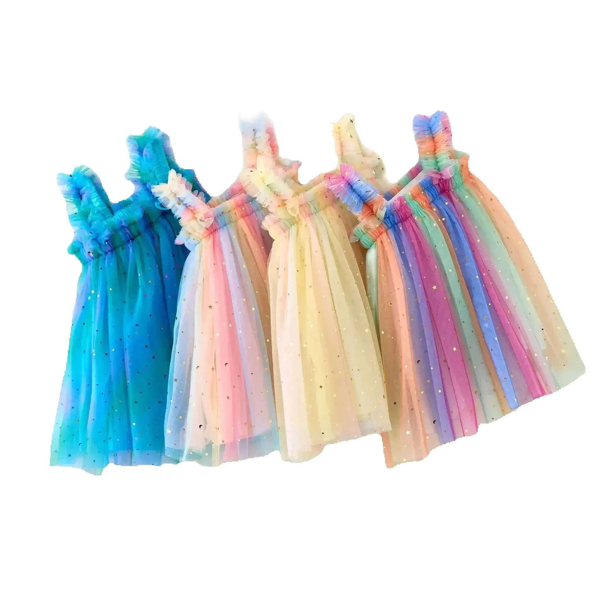 

Summer 2025 Girls Sequin Star Rainbow Stripes Mesh Sling Dresses Toddler Baby Photo Puffy Princess Dress 1-6Years