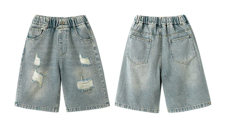 Slim Fit Kinder-Jeansshorts mit Löchern für Teenager-Mädchen, Lässige Sommer-Destroyed-Shorts, Coole Streetwear-Hosen für Kinder – Detail 10