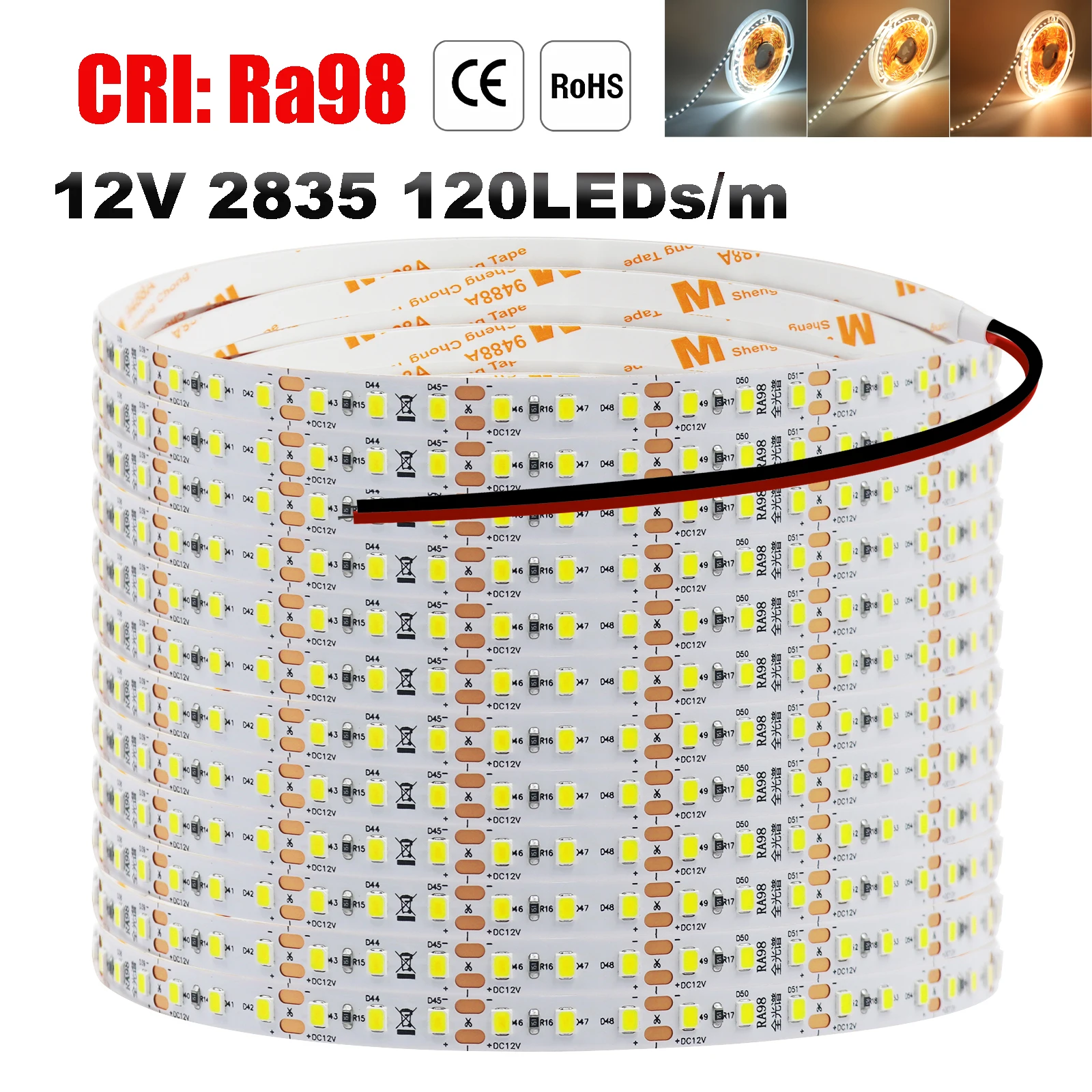 

RA98 High Brightness 12V 2835 LED Strip 5M 600LEDs 8mm Width Flexible Light Tape 3000K 4000K 6000K Home Decoration Lamp Strip