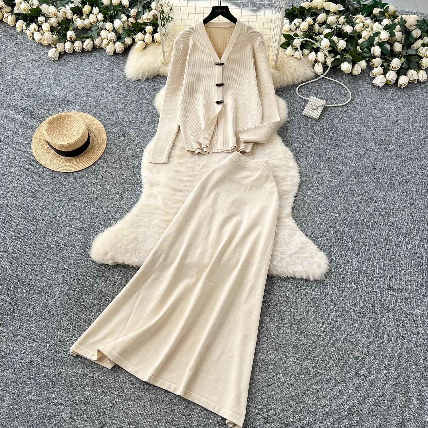

Women Two Piece Sets Skirt Set V Neck Full Sleeve Knitted Coats Long Skirts A Line High Waist Y2k Streetwear Elegant Splice Knit