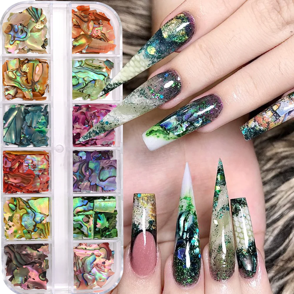 12Grids Nail Art Aurora Abalone Shell Flakes 3D Irregular Sea Shell Slices Nail Charms 1pcs Holographic Shell Sequins Nail Parts