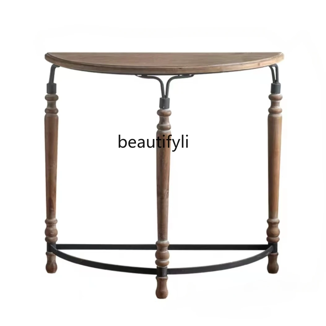 American-Style Iron Retro Semicircle Console Tables Solid Wood Entrance Decorative Table Wall Corridor Console Side View Sets