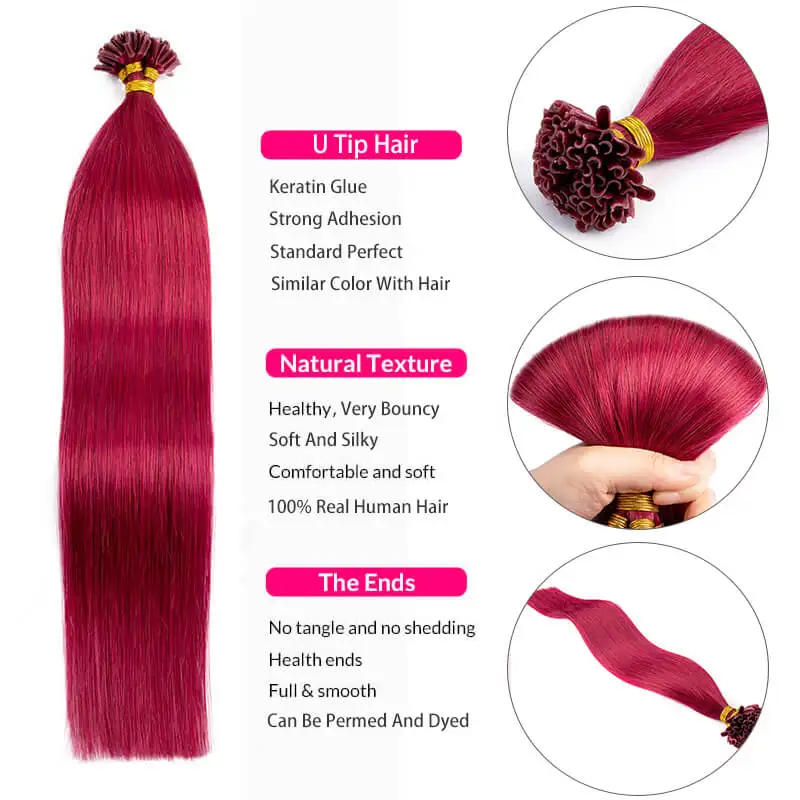 Straight Keratin Tip Hair Extensions Real Human Hair 50Pcs/Set WXMY Natural Fusion U Tip Human Hair Extension Burgundy Color