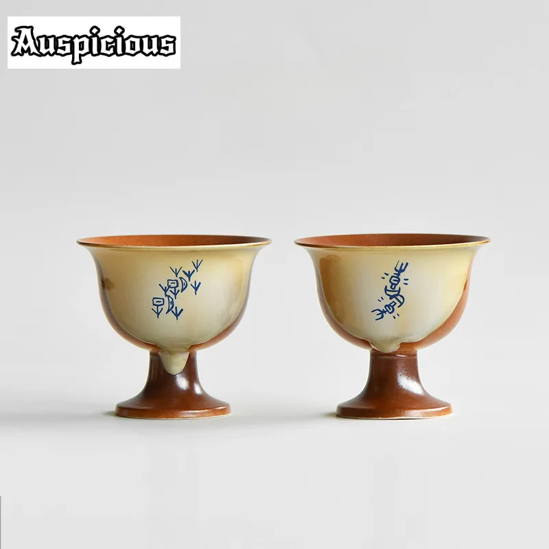 120ml Creative Oracle Bone Script Master Cup Coarse Pottery Teacup High-feet Tasting Mug Zen Tea Pair Meditation Cup Teaware
