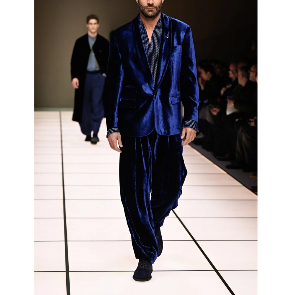 Men Velvet  Suit Two Piece Shawl Lapel Single Button Loose Blazer And Trousers Runway Outfit For Evening Party Wedding Tuxedo