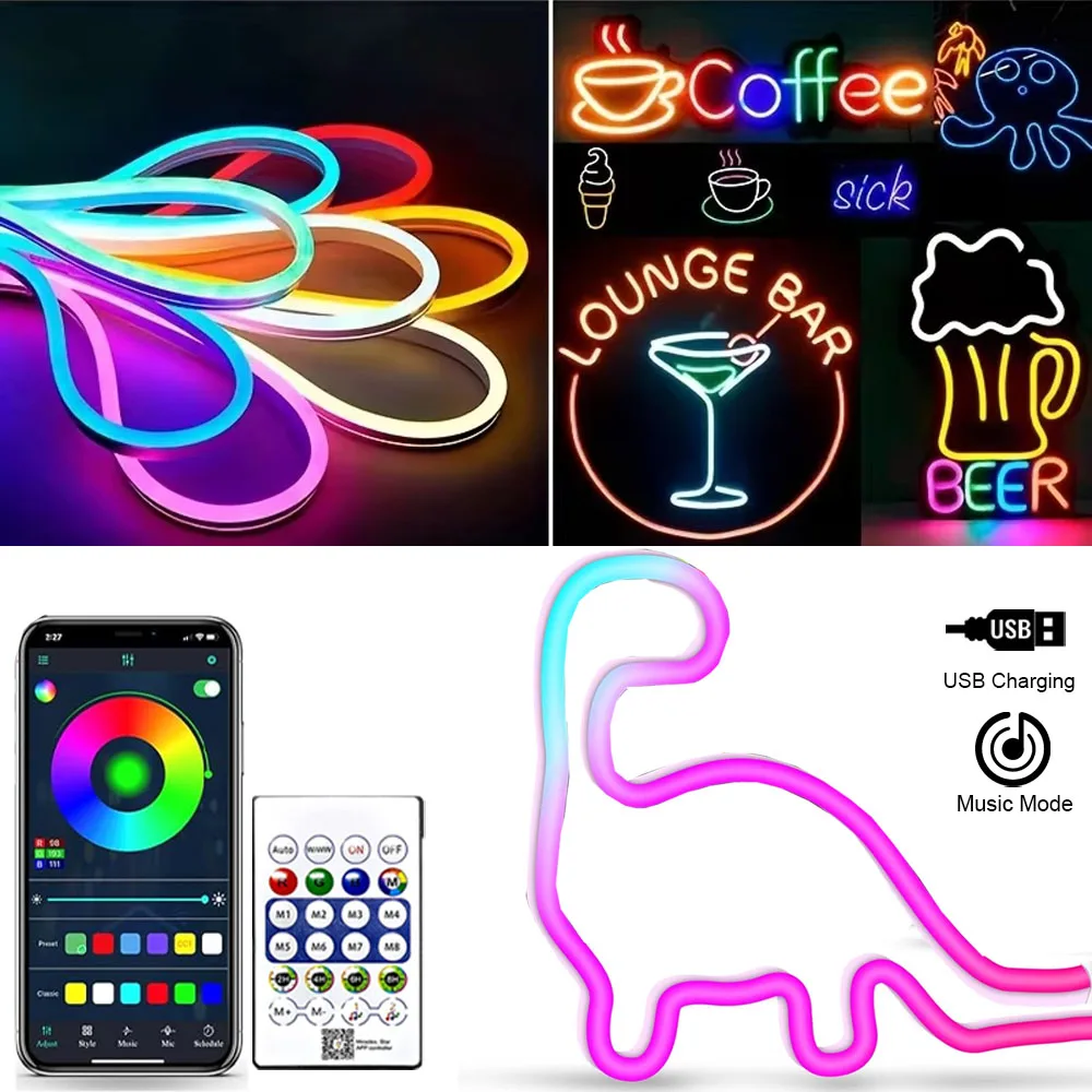 5V RGB Neon Strip Light 1M 2M 3M 5M USB Waterproof Flexible Ribbon Tape Neon Lights With Bluetooth Remote Control For Home Decor