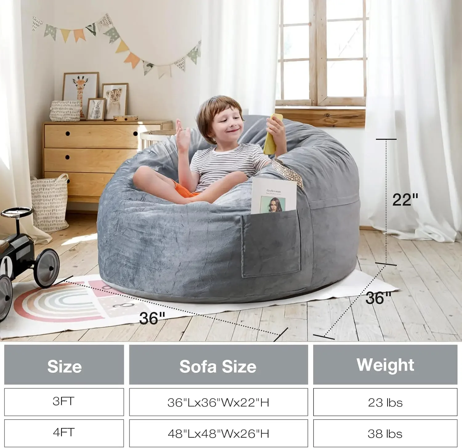 [Outer Cover] Large Bean Bag Chair: 3 ft Memory Foam Bean Bag Chairs for Adults/Kids,Bean Bag Chair with Filler Includ