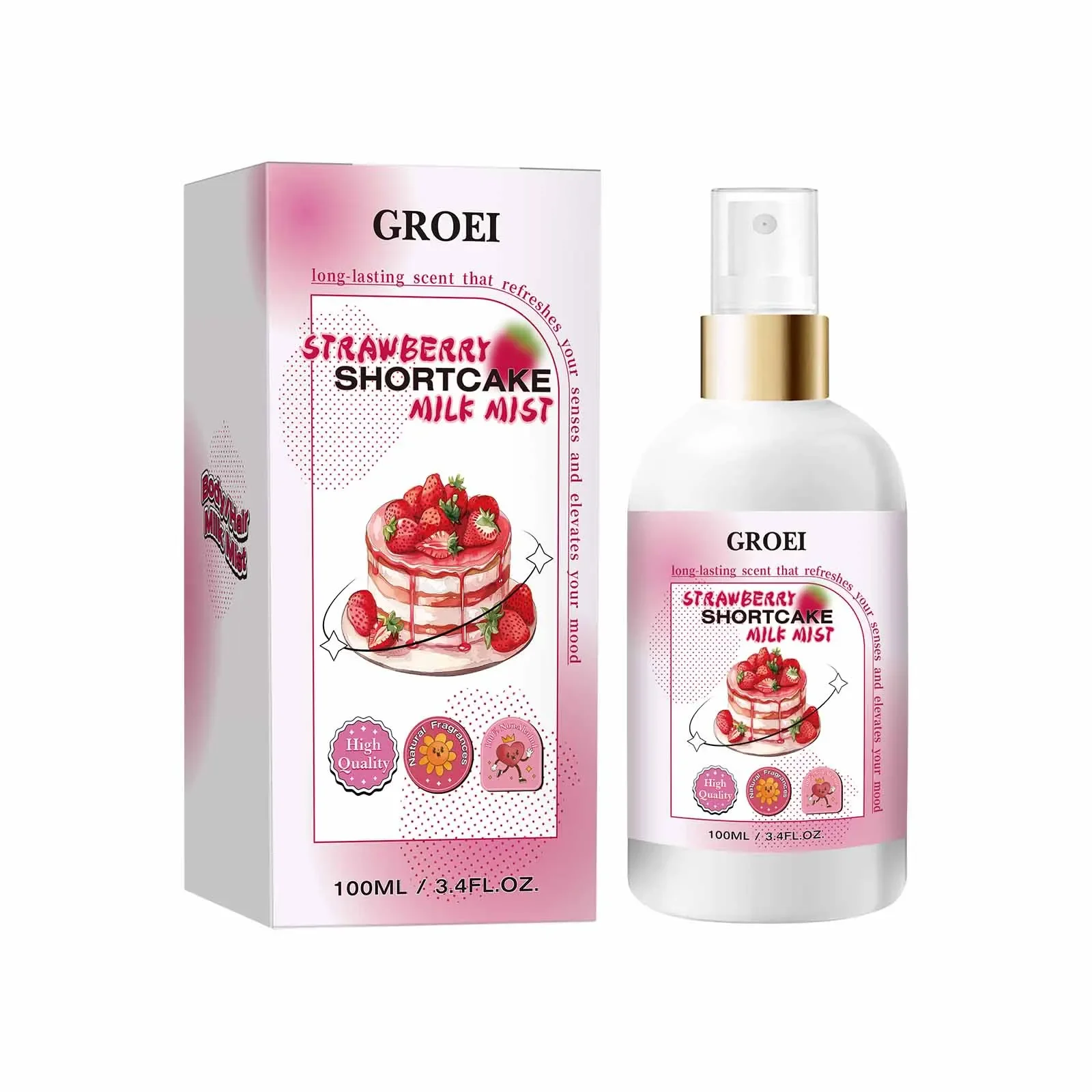 Spray corporal de 100ML, pastel de fresa, niebla de leche, Aroma duradero, hidratante, brillo, calma, aumenta la elasticidad, Spray reafirmante