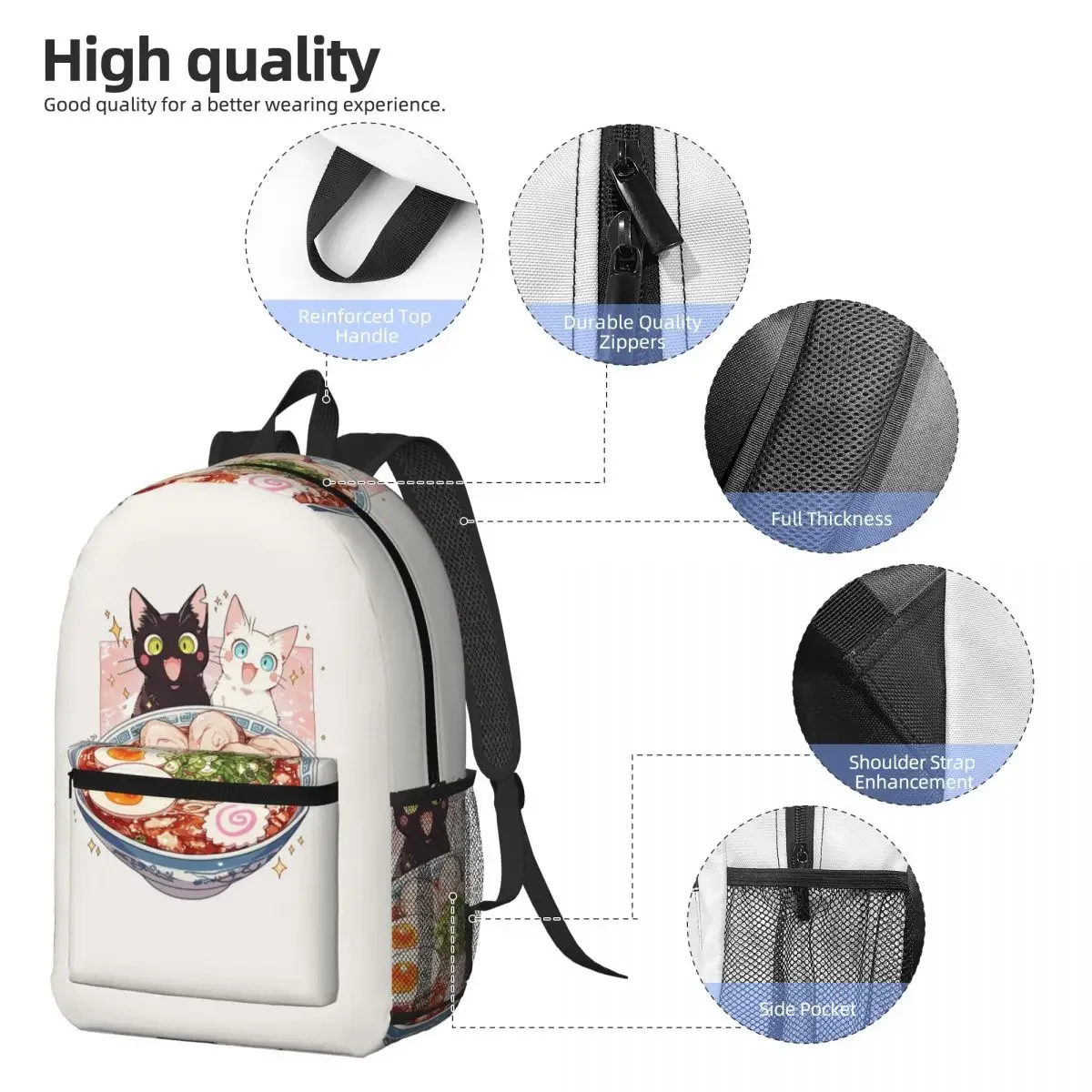 Japanese Cat Eating Ramen Backpack Daypack Large Capacity Boys Girls BookBag School Bag Shoulder Bags for Men Women