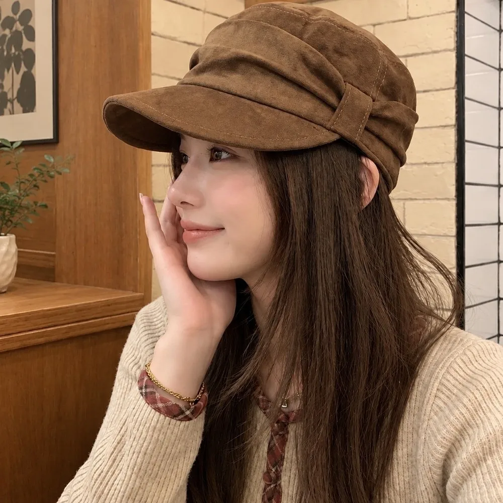 Warm Ruched Equestrian Hat Wind Resistant Large Head Size Octagonal Cap Suede Adjustable Inner Band Japanese Minimalist Hat