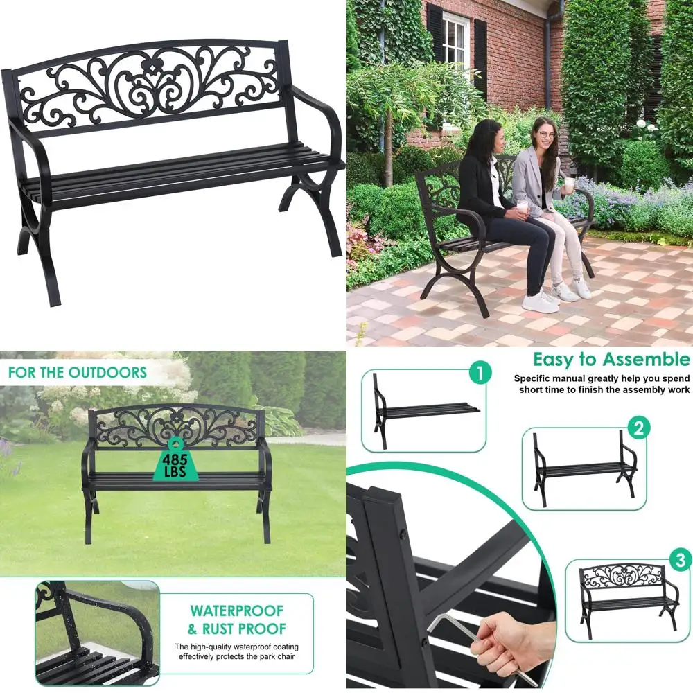 

50 Slatted Garden Bench with Floral Backrest and Arched Legs, Ideal for Outdoor Spaces in Black