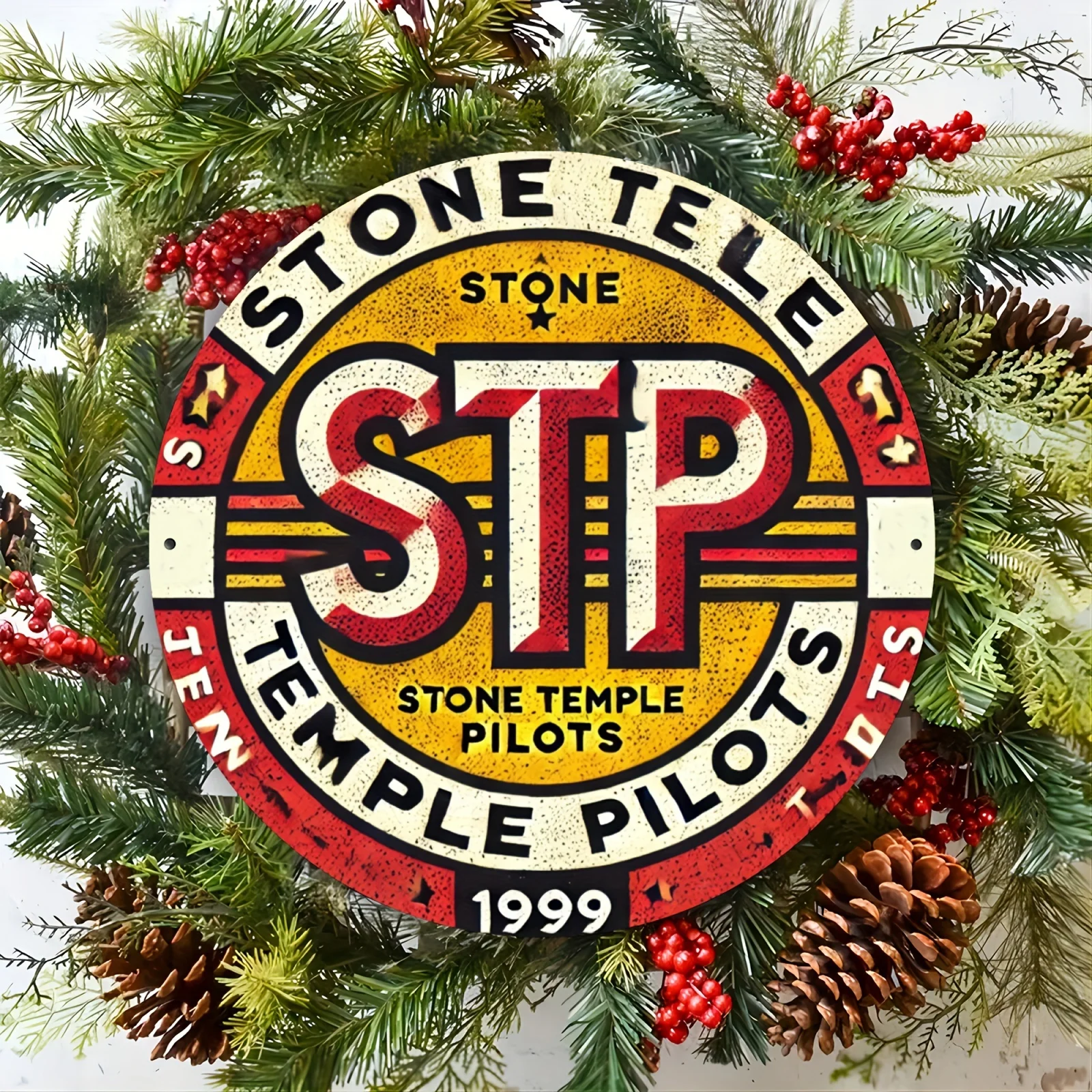 1 Stück, Vintage Stone Temple Pilots 20,3 x 20,3 cm rundes Metallschild, langlebige Aluminium-Wandkunst für Heim- und Bürodekoration, ideales Geschenk für Li