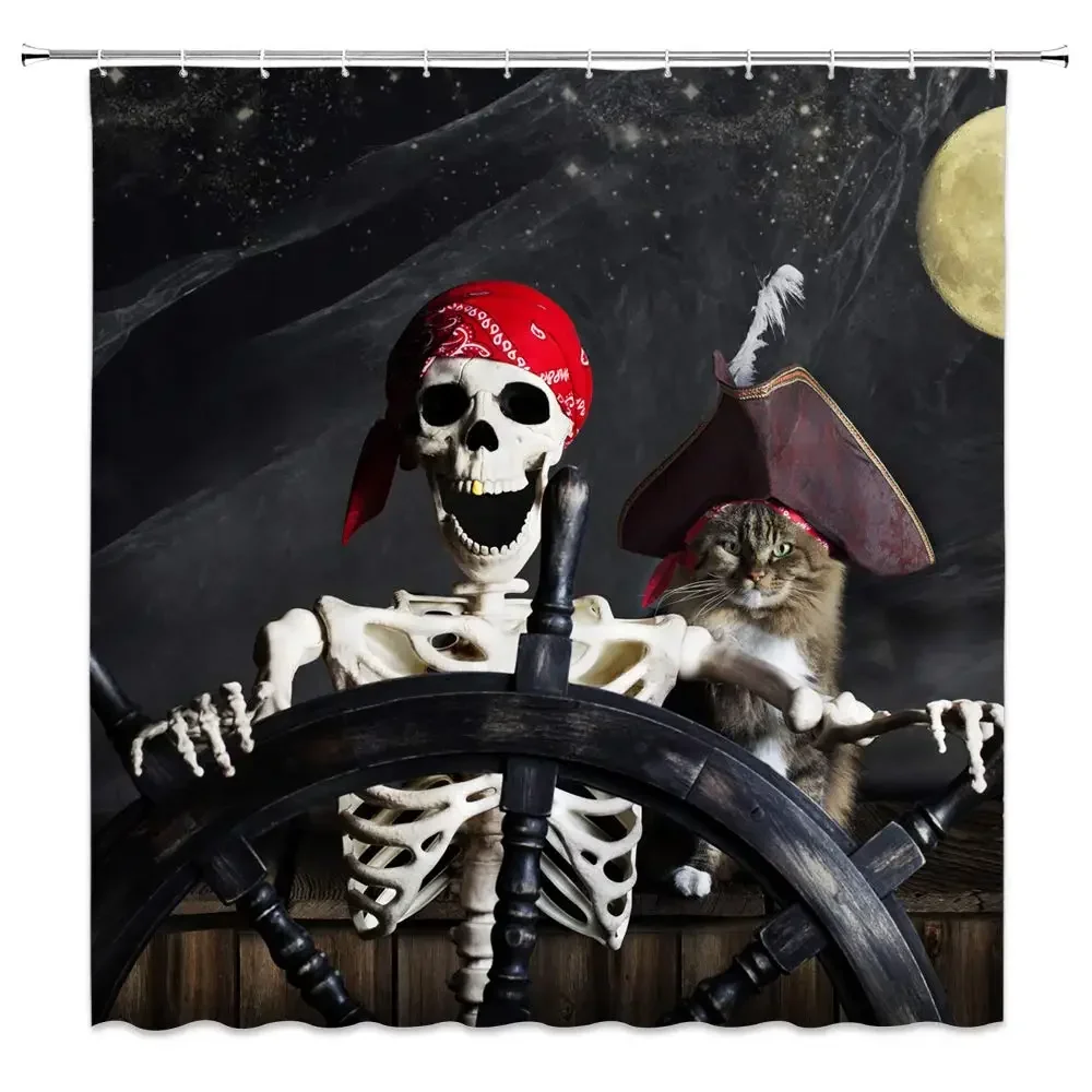 Cat Theme Skull Gray Pirate Cat Shower Curtains