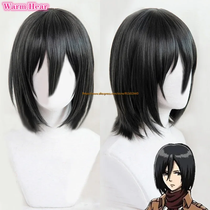 Mikasa Ackerman noir 35 cm court Bob Cosplay perruque Anime Cos résistant à la chaleur Cosplay perruque de cheveux + bonnet de perruque