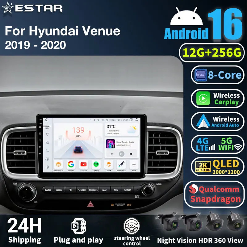Rádio Automotivo Android 16 para Hyundai Venue 2019 2020, Reprodutor Multimídia GPS, Unidade Principal Navi, Câmera 360, Carplay Sem Fio, Vídeo Automotivo, DSP