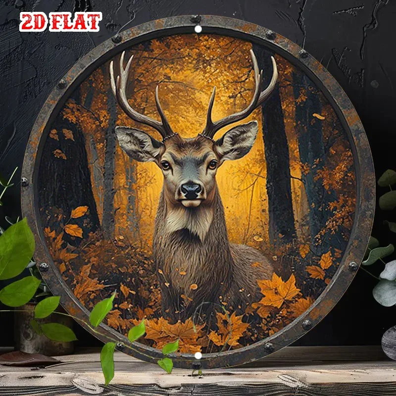 Panneau 2D plat intégré avec motif de feuille d'automne, panneau circulaire avec portrait de cerf, mettant en valeur la majesté de la forêt