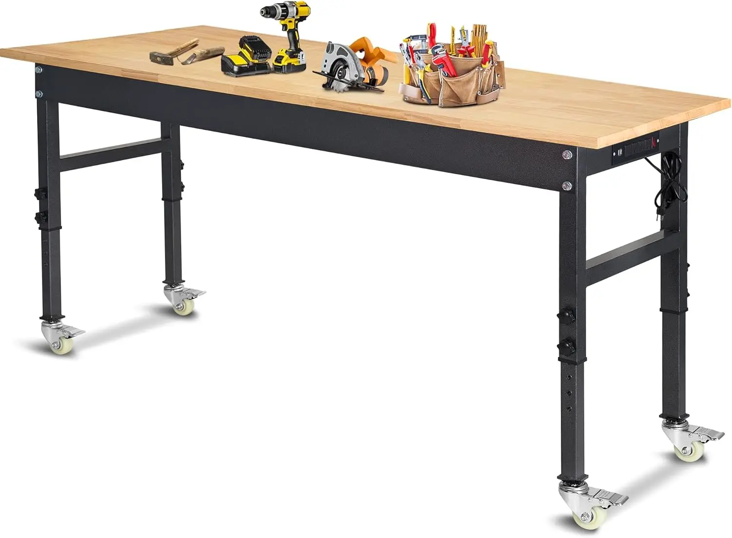 

60" Adjustable Work Bench, Rubber Wood Top Workbench Heavy-Duty Work Table with Power Outlet with Wheels, 2000 LBS Load