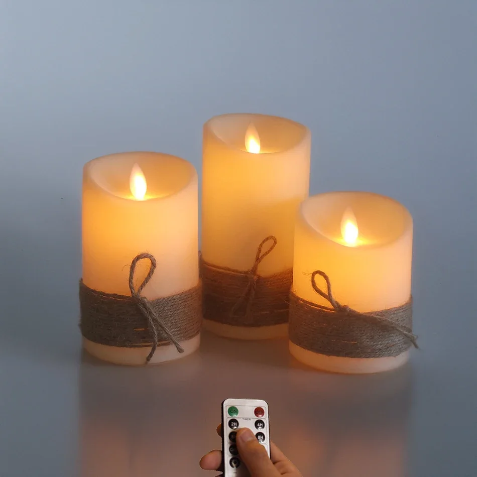 LED Candles with Dancing Flame,Vintage Rope String Wrapping,Battery Operated or USB Rechargeable Option,Ambiance Lamp, 3 PCs/Set