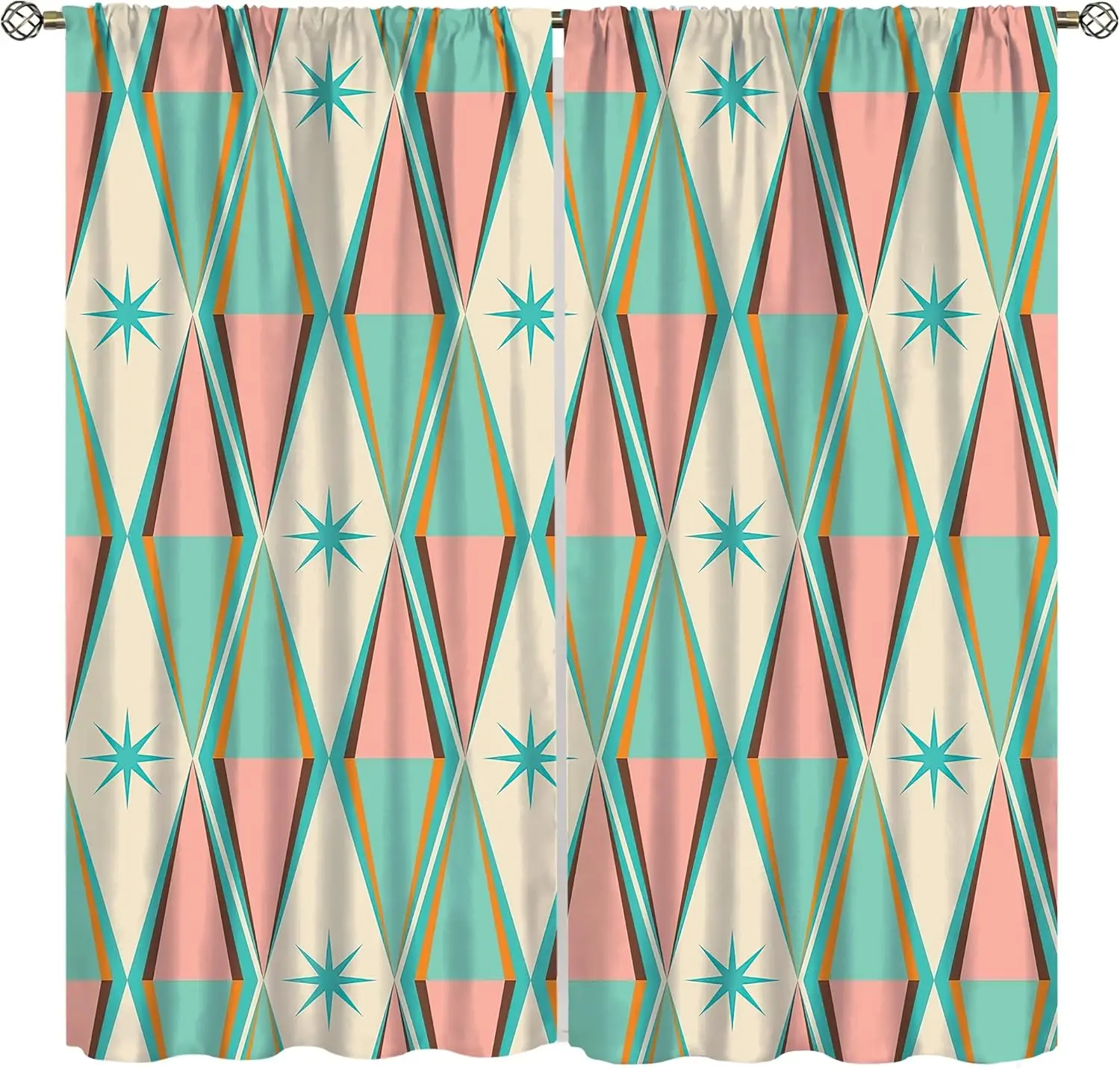 Abstract Geometric Print Curtains Pair Teal Pink Beige Modern Drapes Window Panels Living Room Home Decor Accent Design