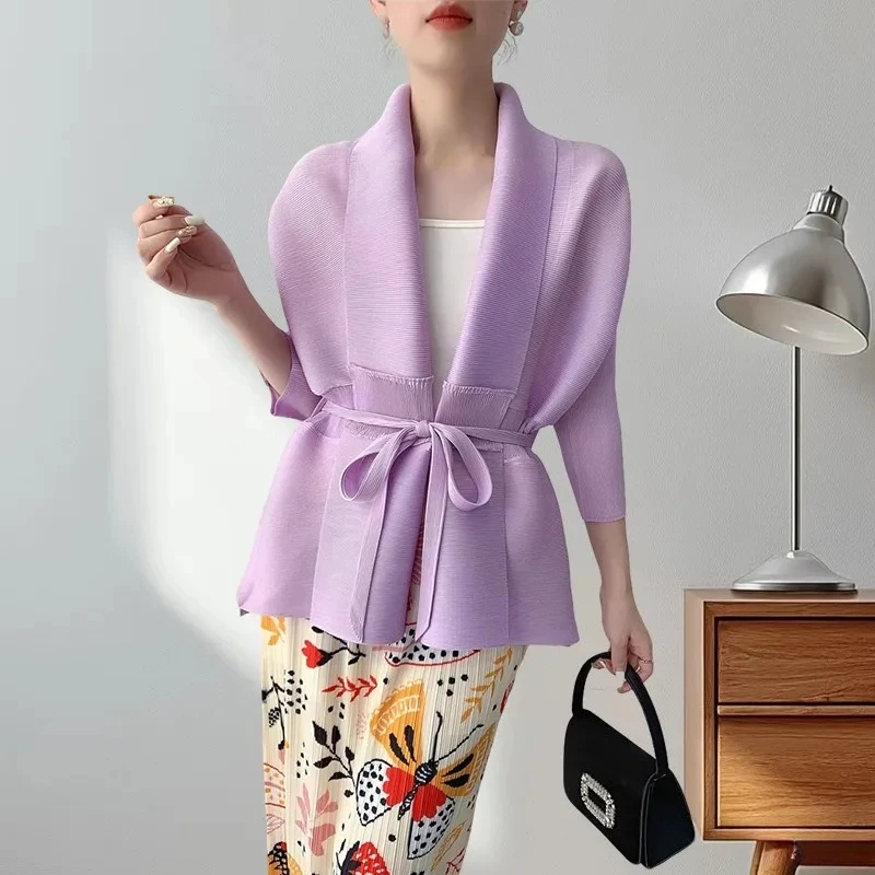 

Miyake Pleated Jacket Female Solid Color Cardigan Temperament 2025 New Casual Seven-minute Sleeve Blouse Waist Tie Out Sunwear