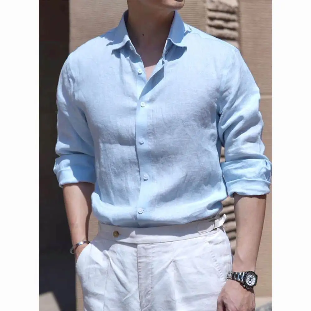 

Slim Fit Long Sleeve Cotton Linen Shirt Men's American Style Thin Breathable Sun Protection Open Cardigan Silk Linen Work Shirt