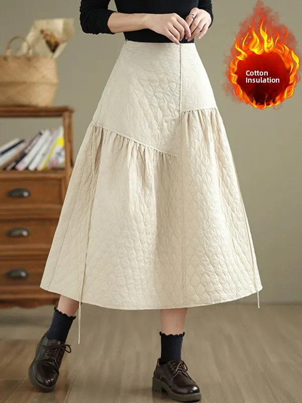 

Warm Cotton Lined A-Line Skirt Loose Fit Versatile Autumn Winter New Arrival Women's plus Size Gourd Flower Hanging Rope Skirt